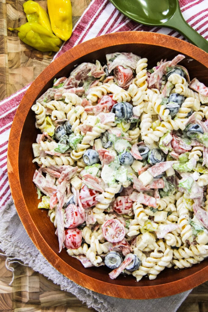 an Easy Italian Chopped Pasta Salad in a wooden bowl