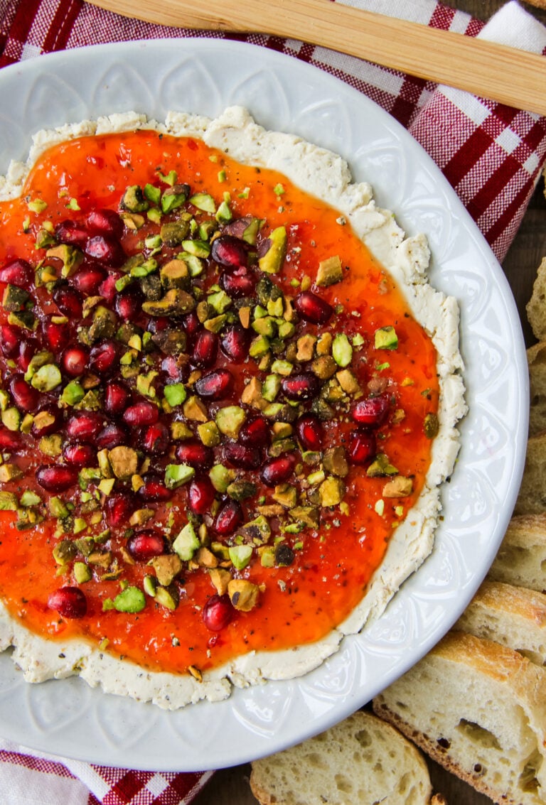 a bowl of Festive Red Pepper Jelly Boursin Dip