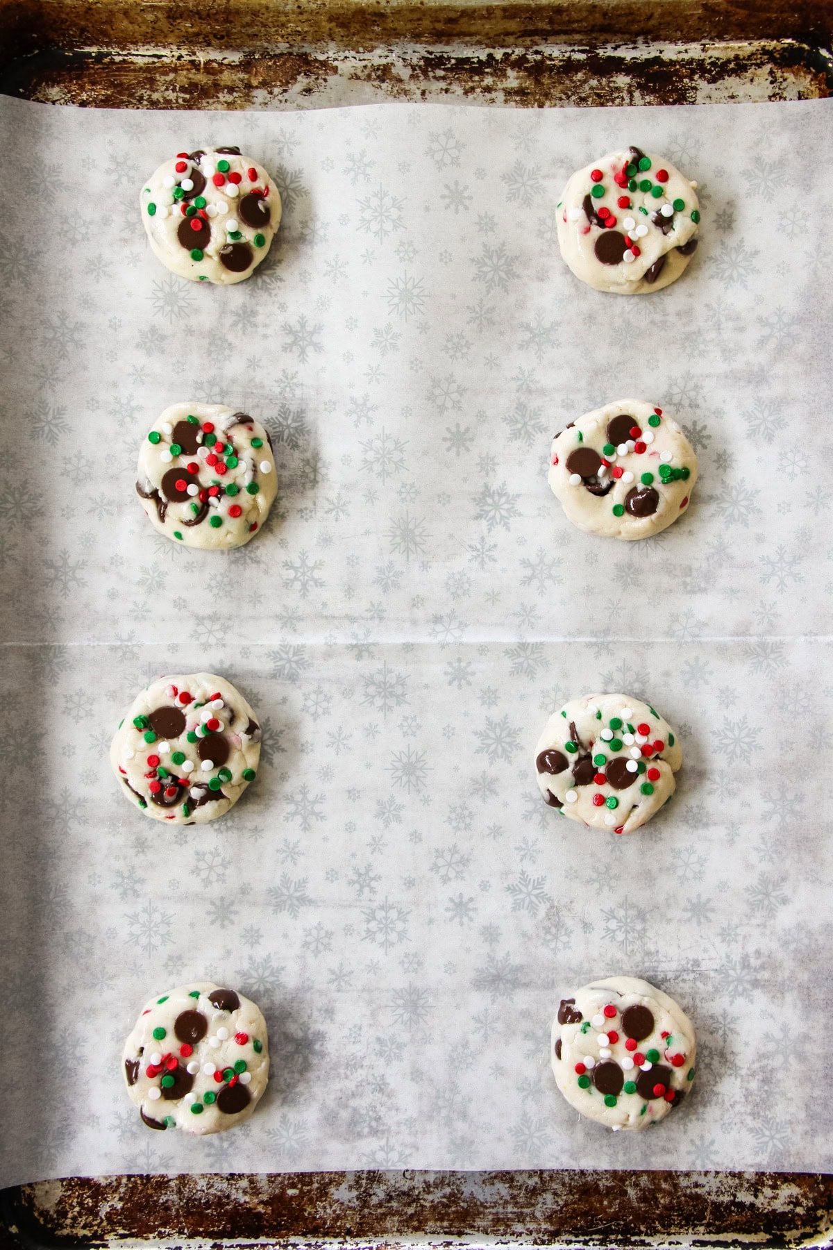 unbaked Santa's Cookies: White Cake Mix Cookies on baking sheet