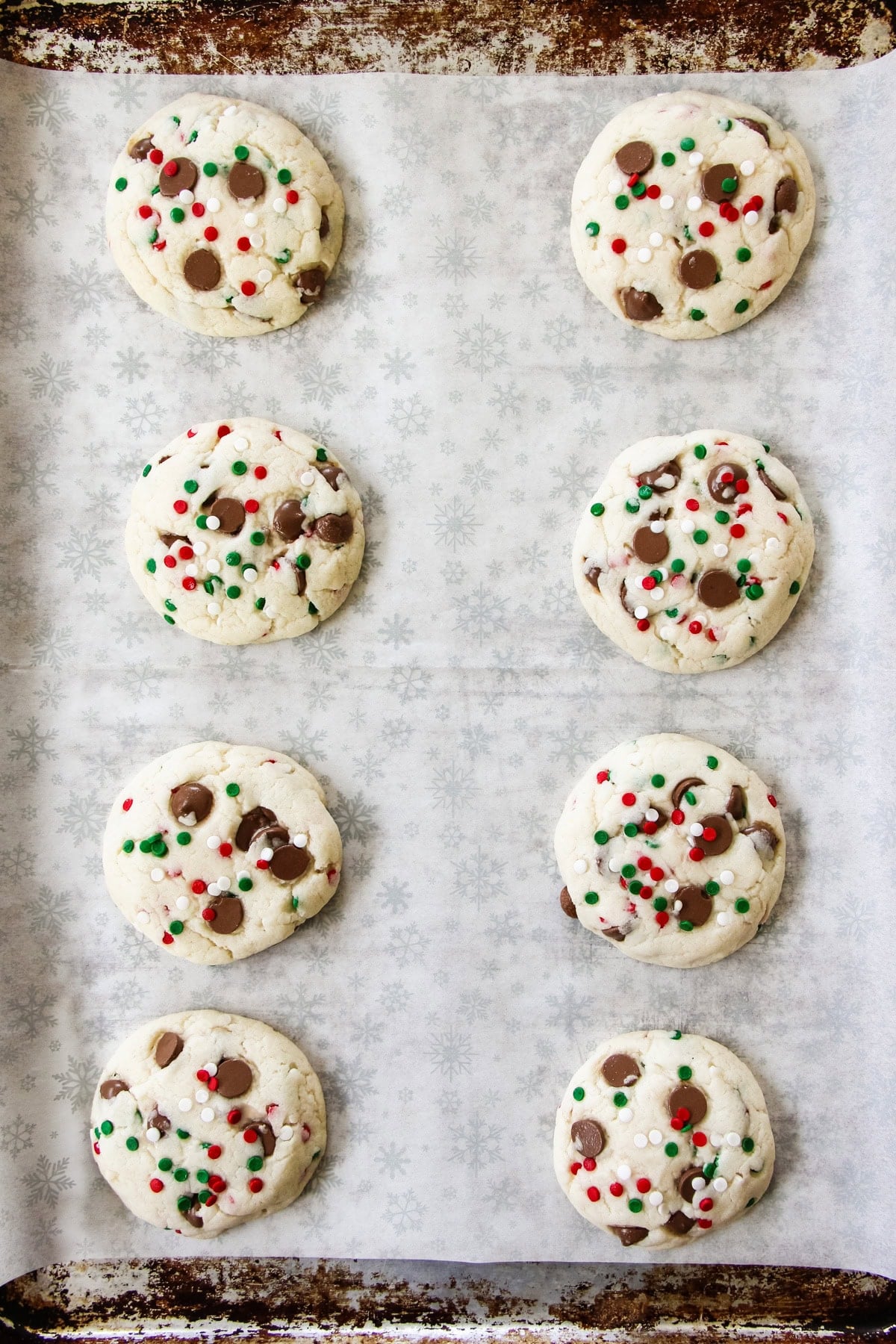 freshly baked Santa's Cookies: White Cake Mix Cookies on baking sheet