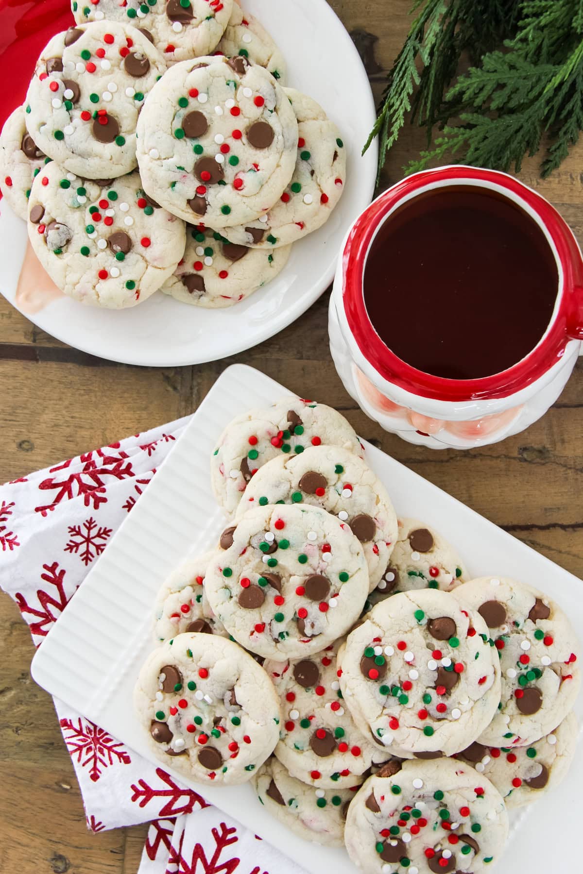 two plates of Santa's Cookies: White Cake Mix Cookies and a cup of tea