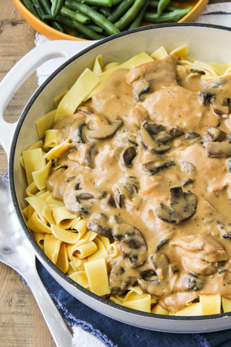 chicken stroganoff in an enamel pan