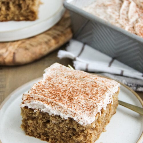 a square of spice cake on a plate