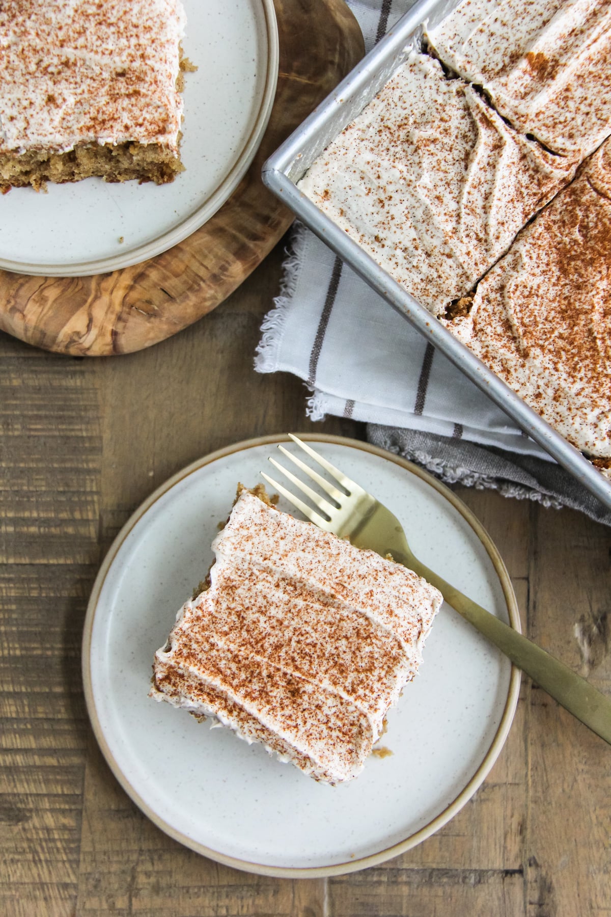top down image of a square of spice cake on a plate