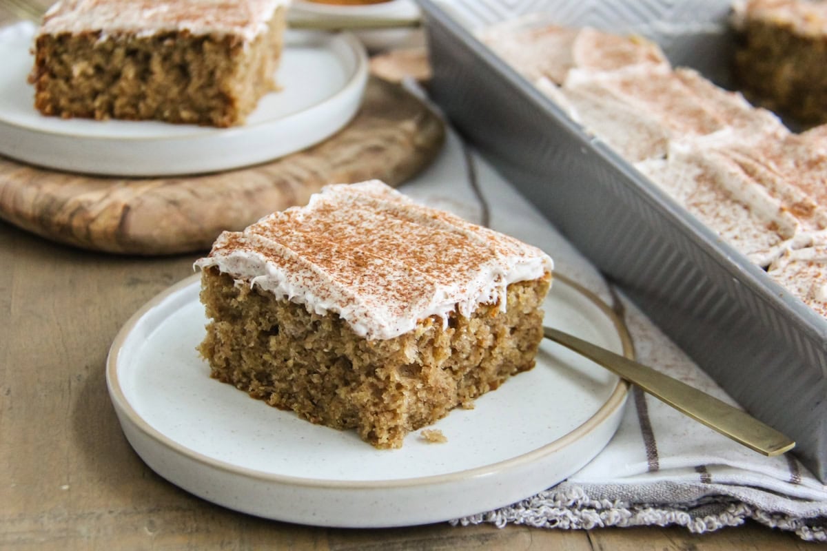a square of spice cake on a plate