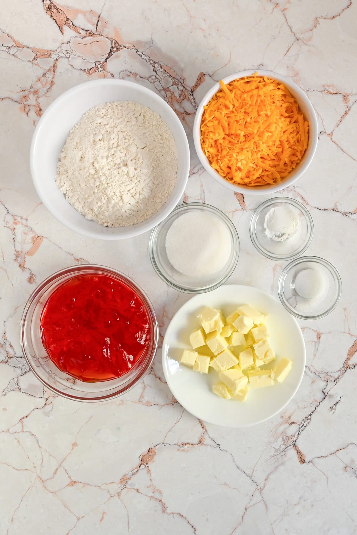 the ingredients to make Cheddar Cheese Shortbread with Apple Jelly